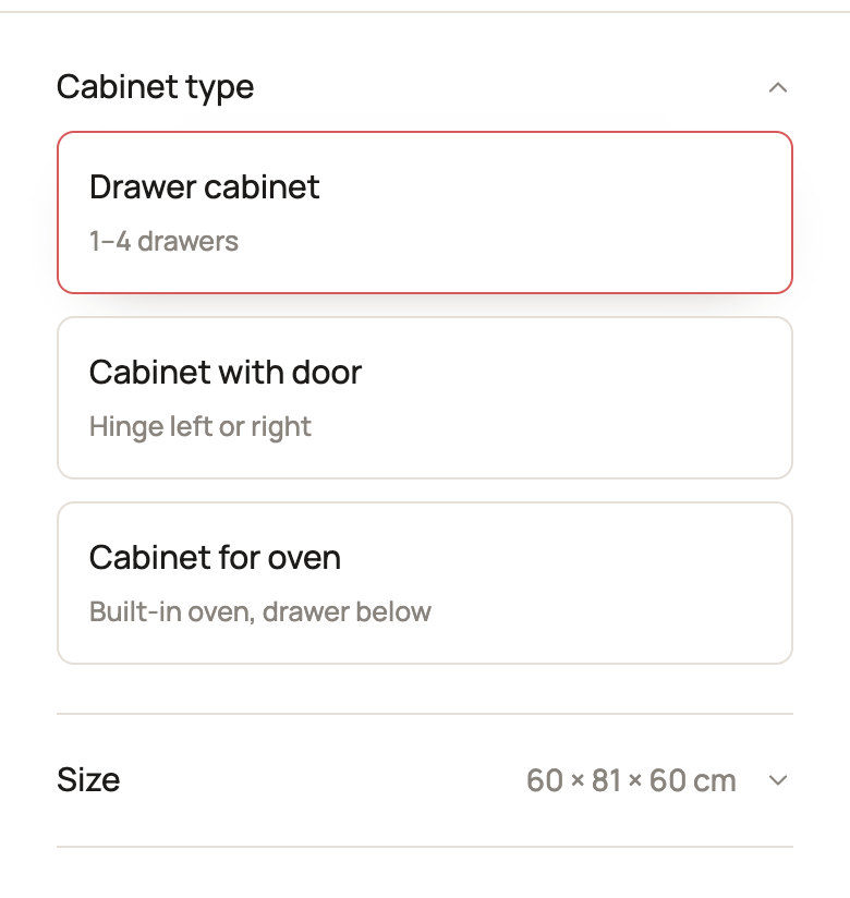 Configurator type control — cabinet type options