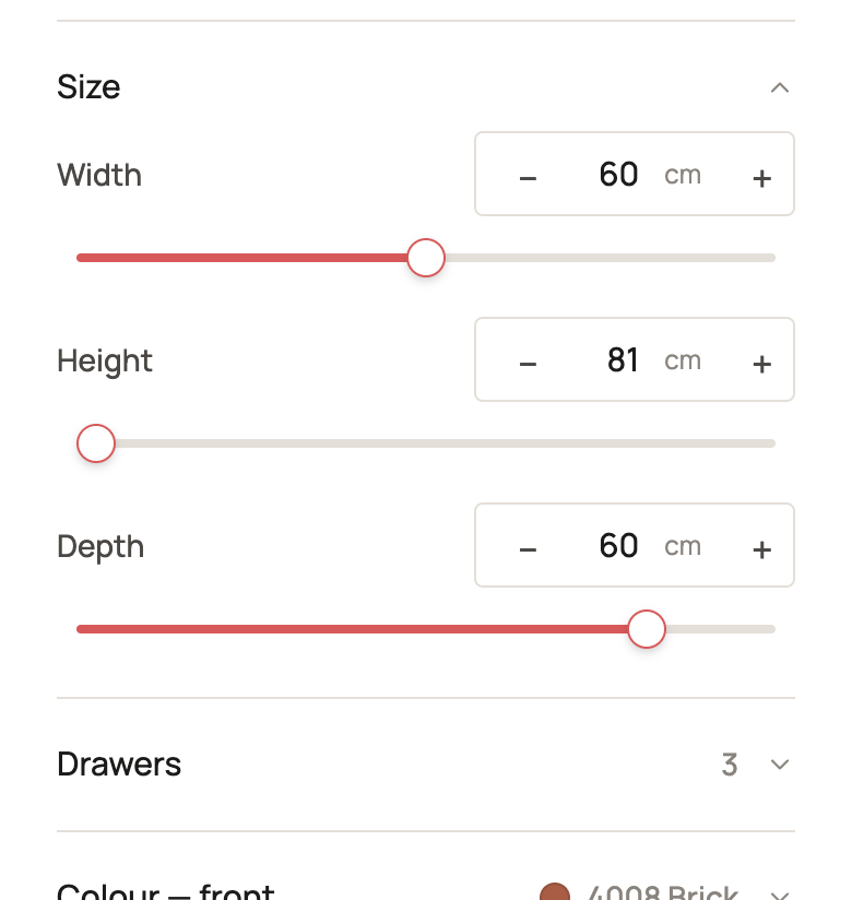 Configurator size control — width, height and depth