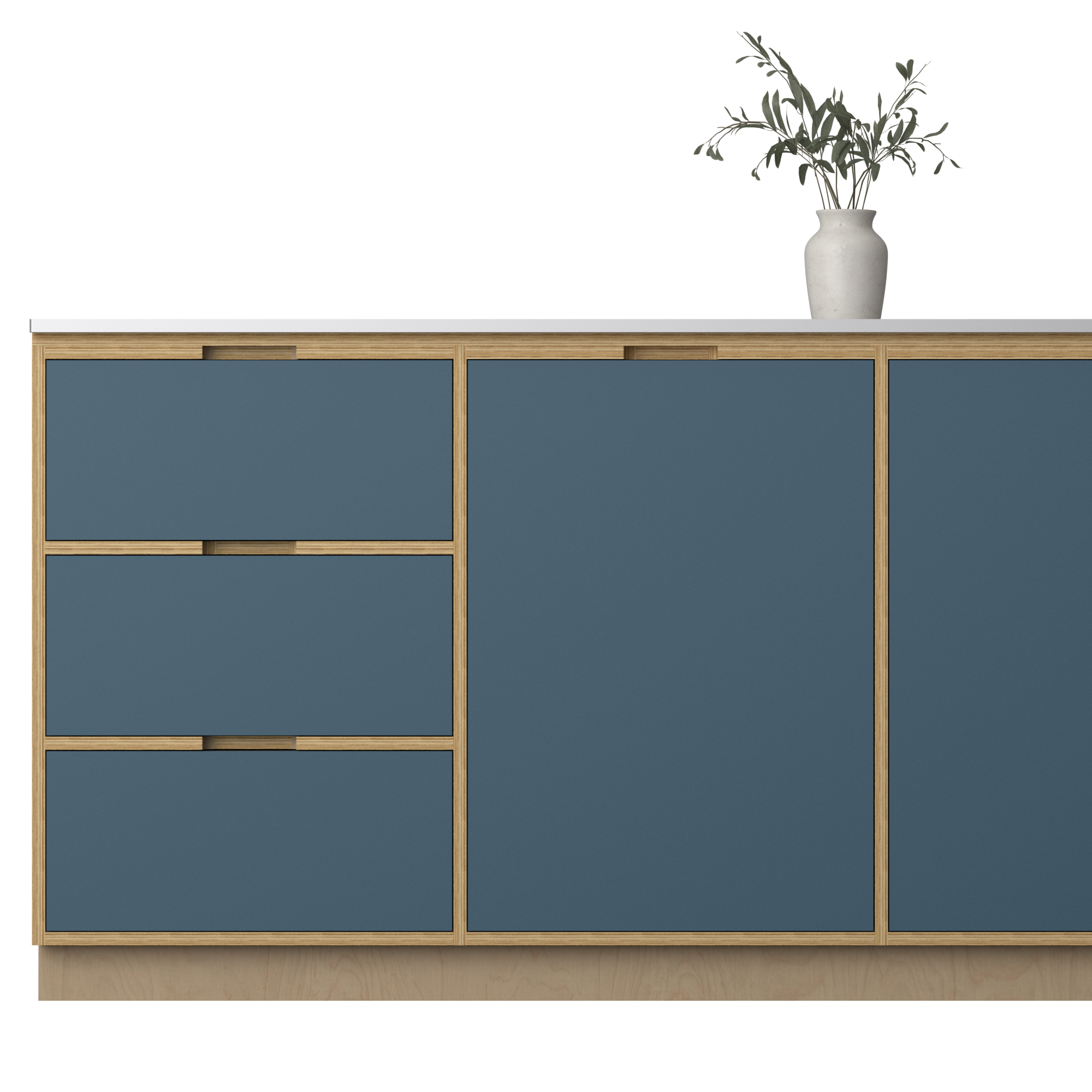 Kitchen base cabinets in birch plywood with denim blue fronts