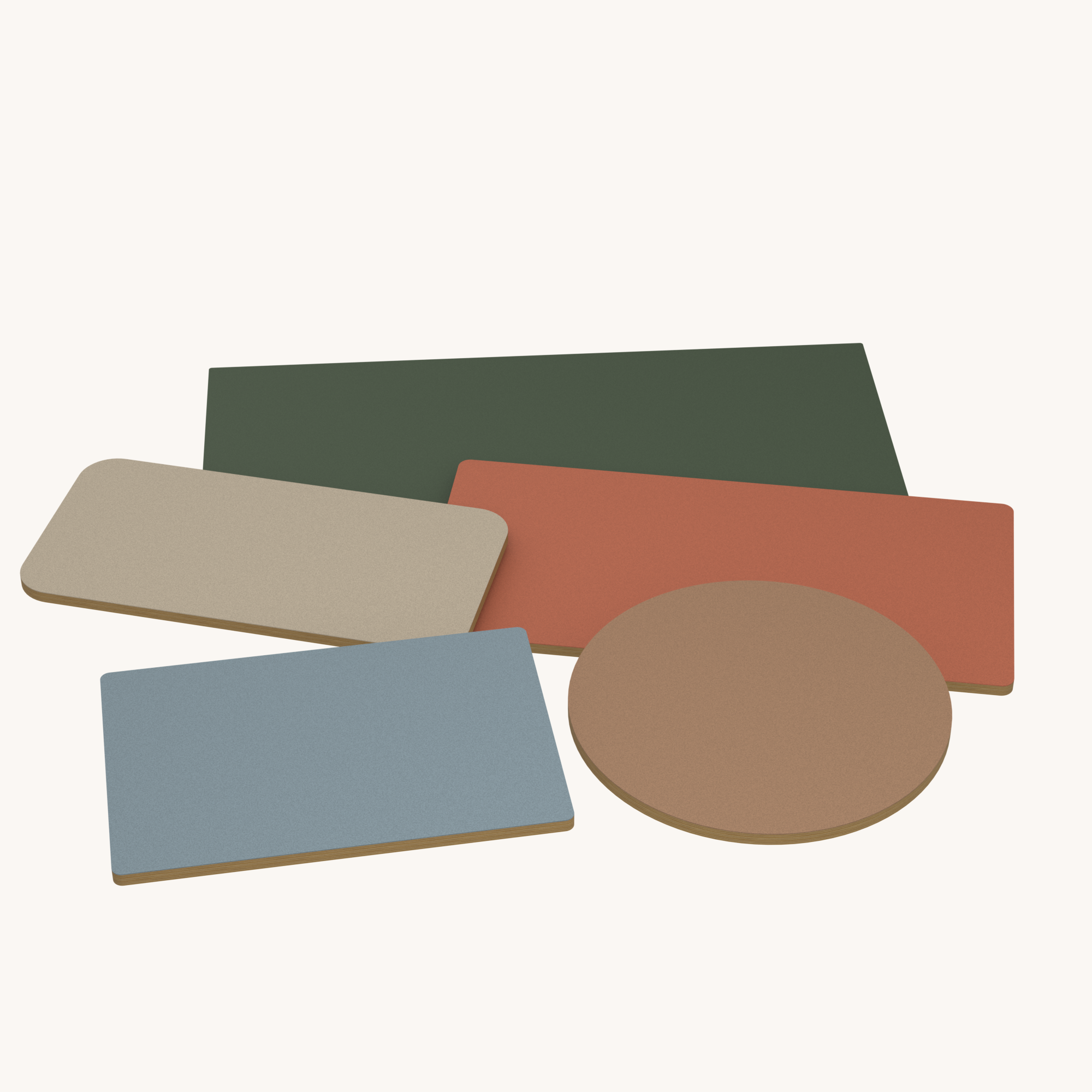 Linoleum tabletops in different shapes and colours