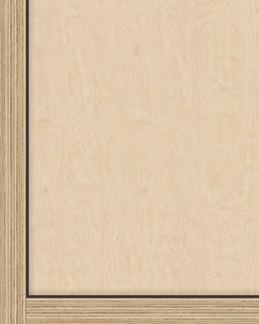 Birch plywood cabinet corner — 18mm plies, side wall running through with a flush butt joint
